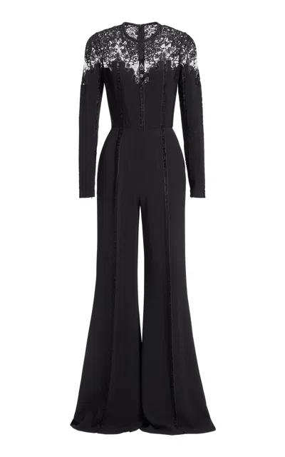 Elie Saab Embroidered Tulle-trimmed Cady Jumpsuit In Black