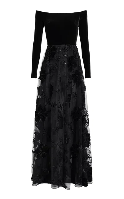 Elie Saab Embroidered Velvet-tulle Maxi Dress In Black