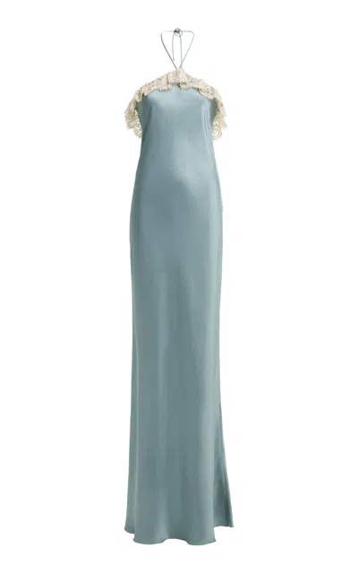 Elie Saab Envers Macrame Satin Maxi Dress In Blue