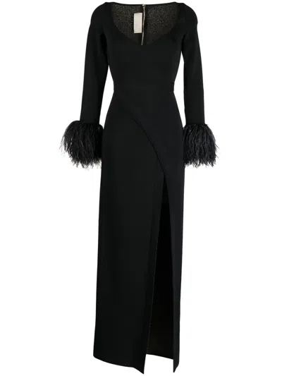 Elie Saab Knit And Feathers Long Dress In 黑色