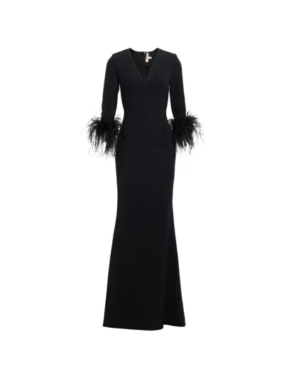 Elie Saab Feather-trim V-neck Slim-fit Maxi Gown Dress In 블랙