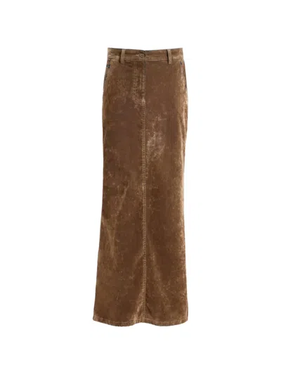 Elie Saab Flocked Denim Maxi Skirt In Brown