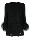 Elie Saab Floral-appliqué Feather-trim Minidress In Black