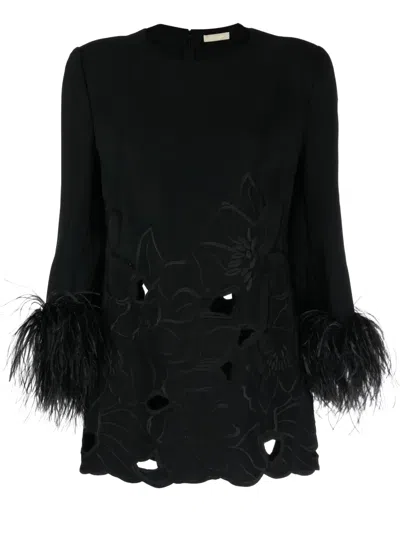 Elie Saab Floral-appliqué Feather-trim Minidress In Black