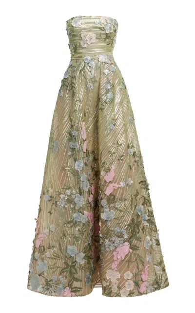 Elie Saab Floral Embellished Tulle Maxi Dress In Green