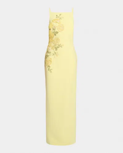 Elie Saab Floral Embroidered Cady Column Maxi Dress In Yellow