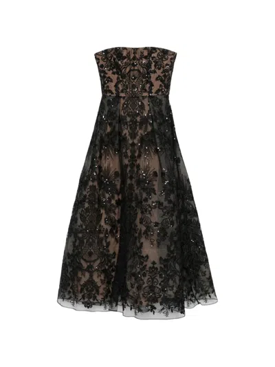 Elie Saab Floral-embroidered Midi Dress In Black