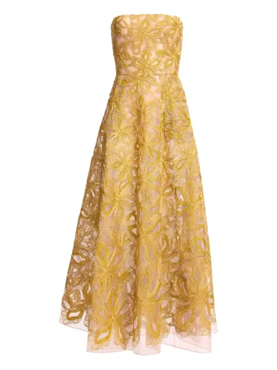 Elie Saab Floral Embroidered Strapless Maxi Dress In Gold