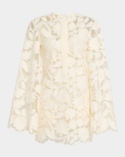 Elie Saab Floral Embroidered Tulle Flare-sleeve Mini Dress In Off White