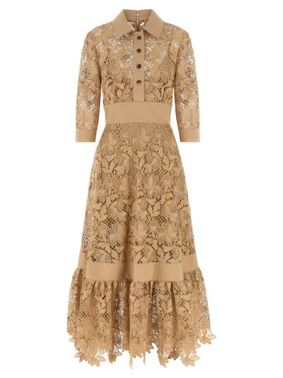 Elie Saab Floral Macramé Lace Dress In Caramel