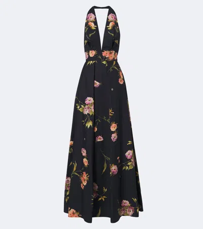 Elie Saab Pleated Floral-print Cotton-poplin Halterneck Gown In Black