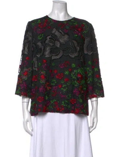 Pre-owned Elie Saab Floral Print Crew Neck Blouse In Black