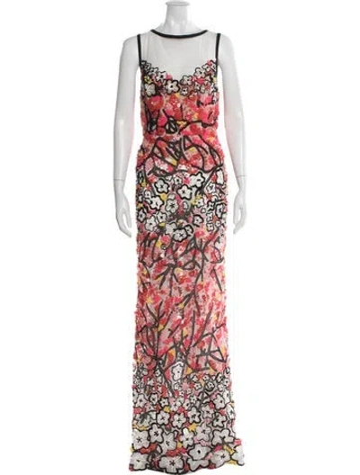 Pre-owned Elie Saab Floral Print Long Dress In Red