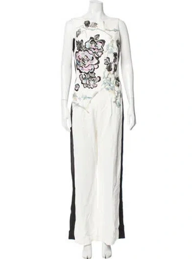 Pre-owned Elie Saab Floral Print Square Neckline Jumpsuit In White