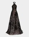 Elie Saab Floral Sequin Tulle Halter Gown In Black