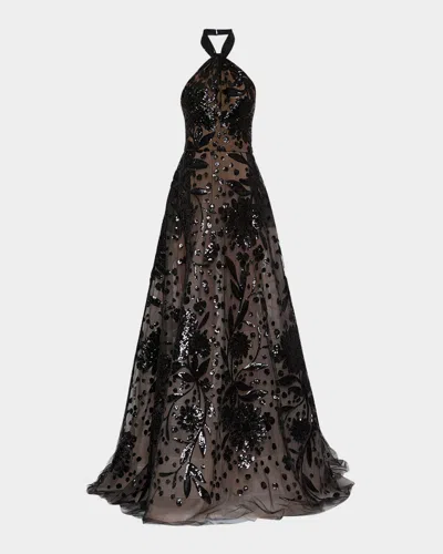 Elie Saab Floral Sequin Tulle Halter Gown In Black