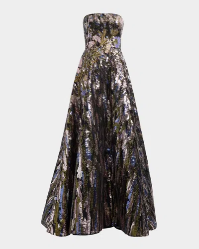 Elie Saab Floral Sequined Strapless A-line Gown In Multi