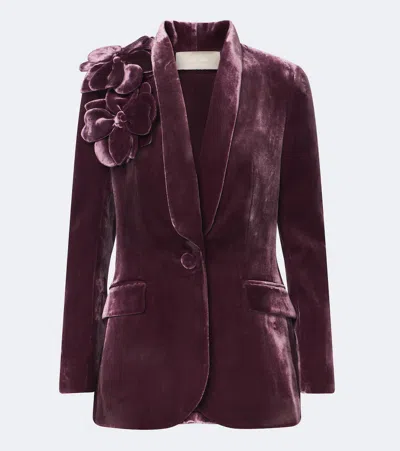 Elie Saab Floral-appliqué Silk-blend Velvet Blazer In Burgundy