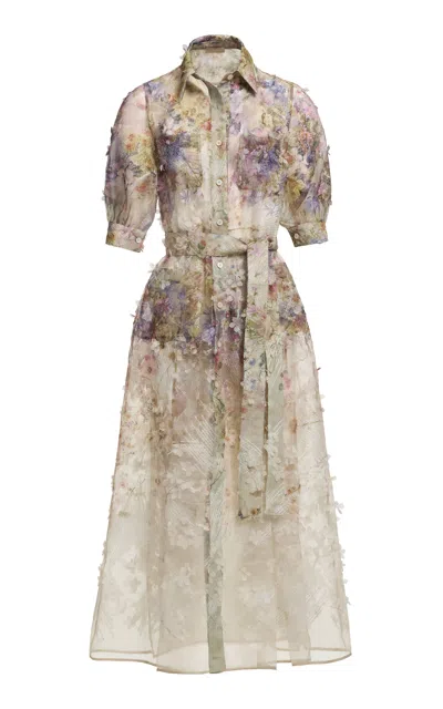 Elie Saab Floral-embellished Button-front Midi Dress In Multi