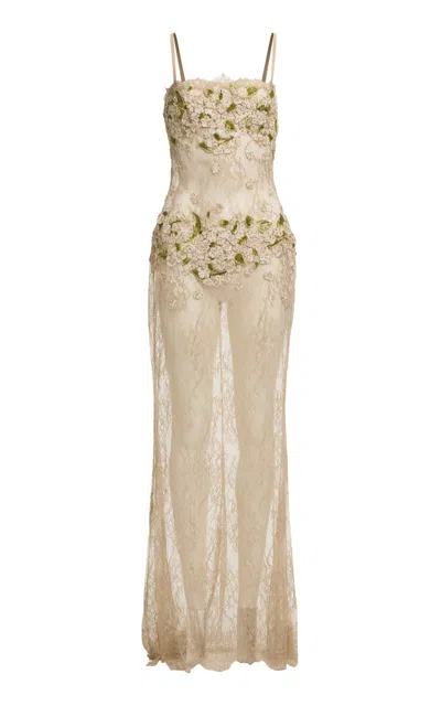 Elie Saab Floral-embellished Lace Maxi Skirt In Brown