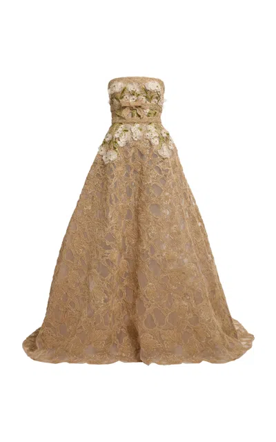 Elie Saab Floral-embellished Raffia-embroidered Gown In Brown