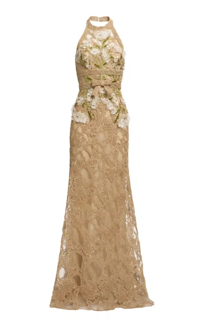 Elie Saab Floral-embellished Raffia-embroidered Halter Top Gown In Neutral
