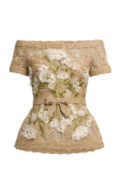 Elie Saab Floral-embellished Raffia-embroidered Off-the-shoulder Top In Neutral