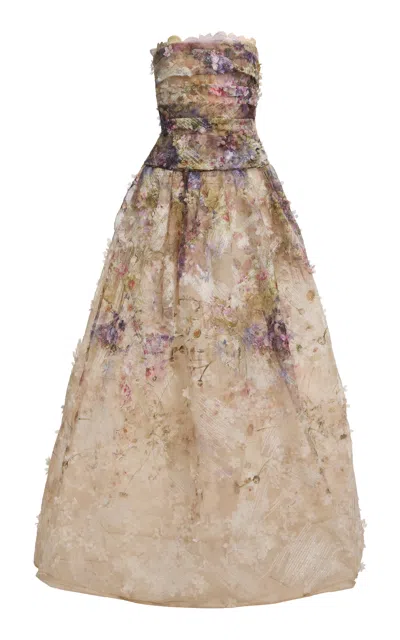 Elie Saab Floral-embellished Strapless Maxi Dress In Multi