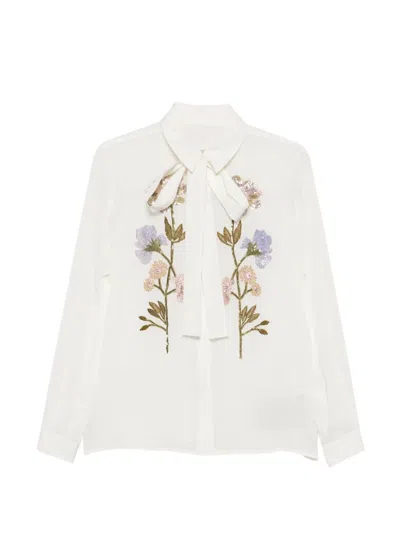 Elie Saab Floral-embroidered Pussy-bow Blouse In White
