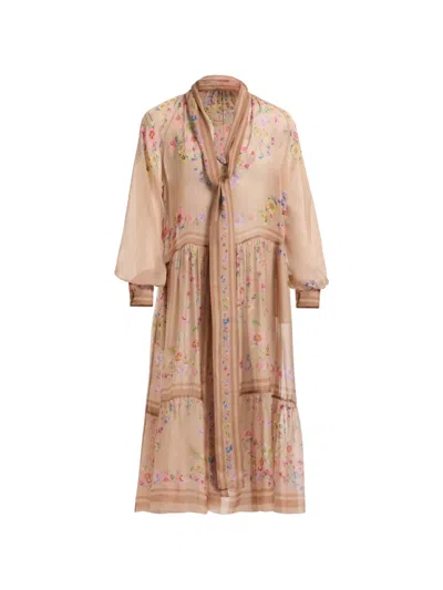 Elie Saab Floral-print Pussy-bow Midi Dress In Brown