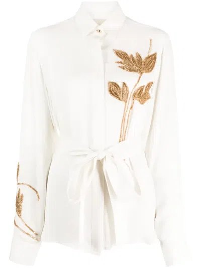 Elie Saab Foliage-embroidered Silk Shirt In Neutrals