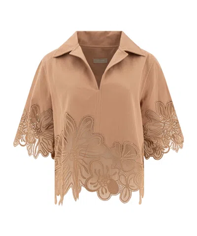 Elie Saab Gabardine Embroidered Top In Cappuccino