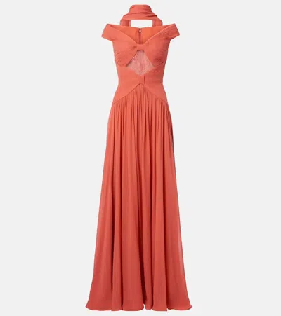 Elie Saab Gathered Lace-trimmed Silk Gown In Orange