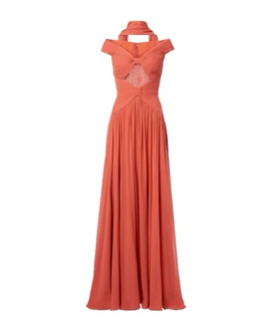 Elie Saab Gathered Lace-trimmed Silk Gown In Orange
