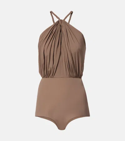 Elie Saab Gathered Silk Georgette Bodysuit In Brown