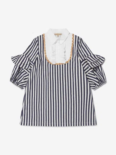 Elie Saab Kids' Girls Cotton And Silk Striped Ruffle Trim Dress 8 Yrs Blue