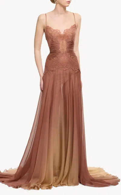 Elie Saab Gradient Chiffon & Lace Maxi Dress In Brown