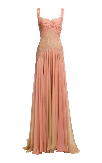 Elie Saab Gradient Chiffon Lace Maxi Dress In Brown