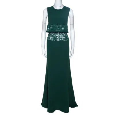 Elie Saab Green Crepe Lace Insert Sleeveless Maxi Dress