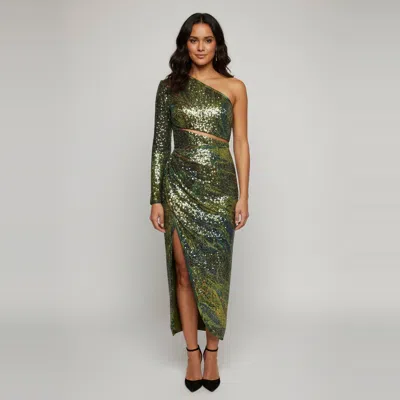 Pre-owned Elie Saab Green Sequinned Draped One Shoulder Gown S
