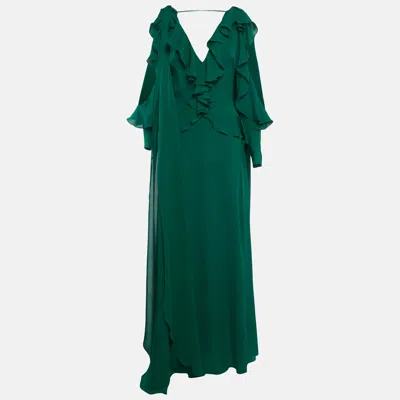 Pre-owned Elie Saab Green Silk Ruffled Maxi Dress S