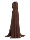 Elie Saab Halterneck Ruched Maxi Dress In Brown