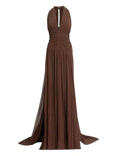 Elie Saab Halterneck Ruched Maxi Dress In Brown