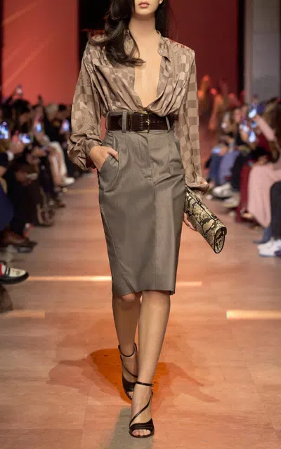 Elie Saab Jacquard Satin Monogram Bodysuit In Brown