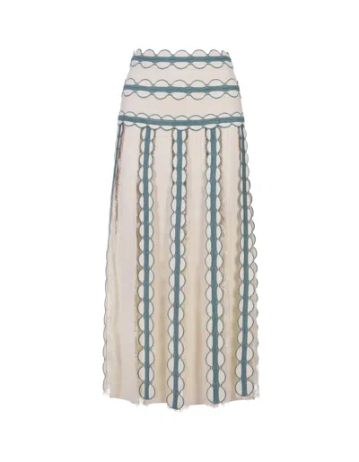 Elie Saab Knit And Lace Midi Skirt In White And Blue Gin In Multi