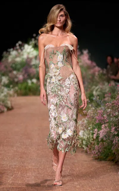 Elie Saab Lace Applique Midi Dress In Multi