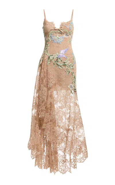Elie Saab Lace Applique Midi Dress In Pink