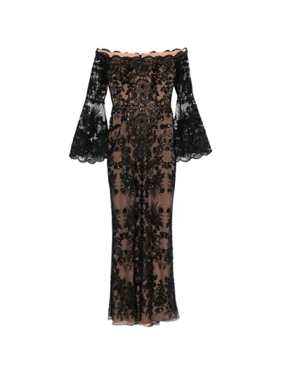 Elie Saab Lace-detail Flared Maxi Dress In Brown