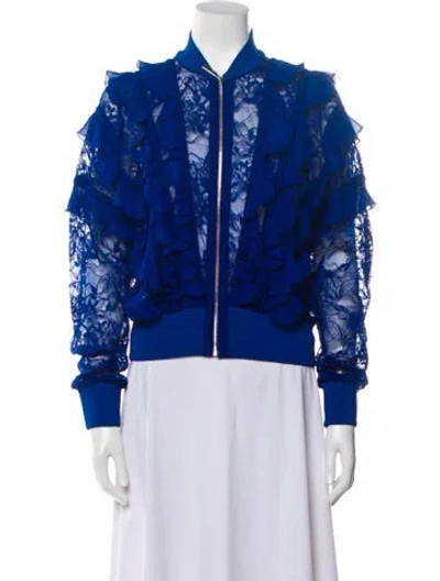 Pre-owned Elie Saab Lace Pattern Bomber Jacket W/ Tags In Blue