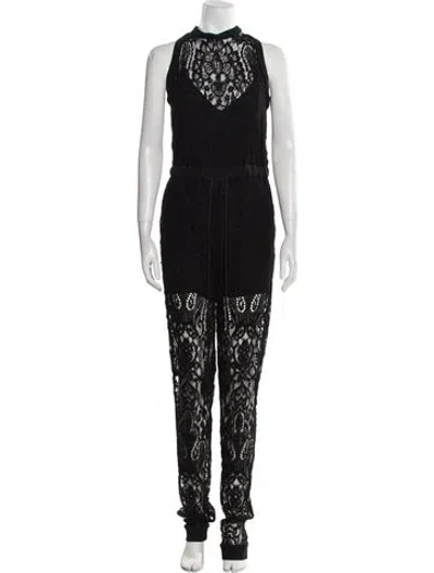 Pre-owned Elie Saab Lace Pattern Crew Neck Jumpsuit In Black